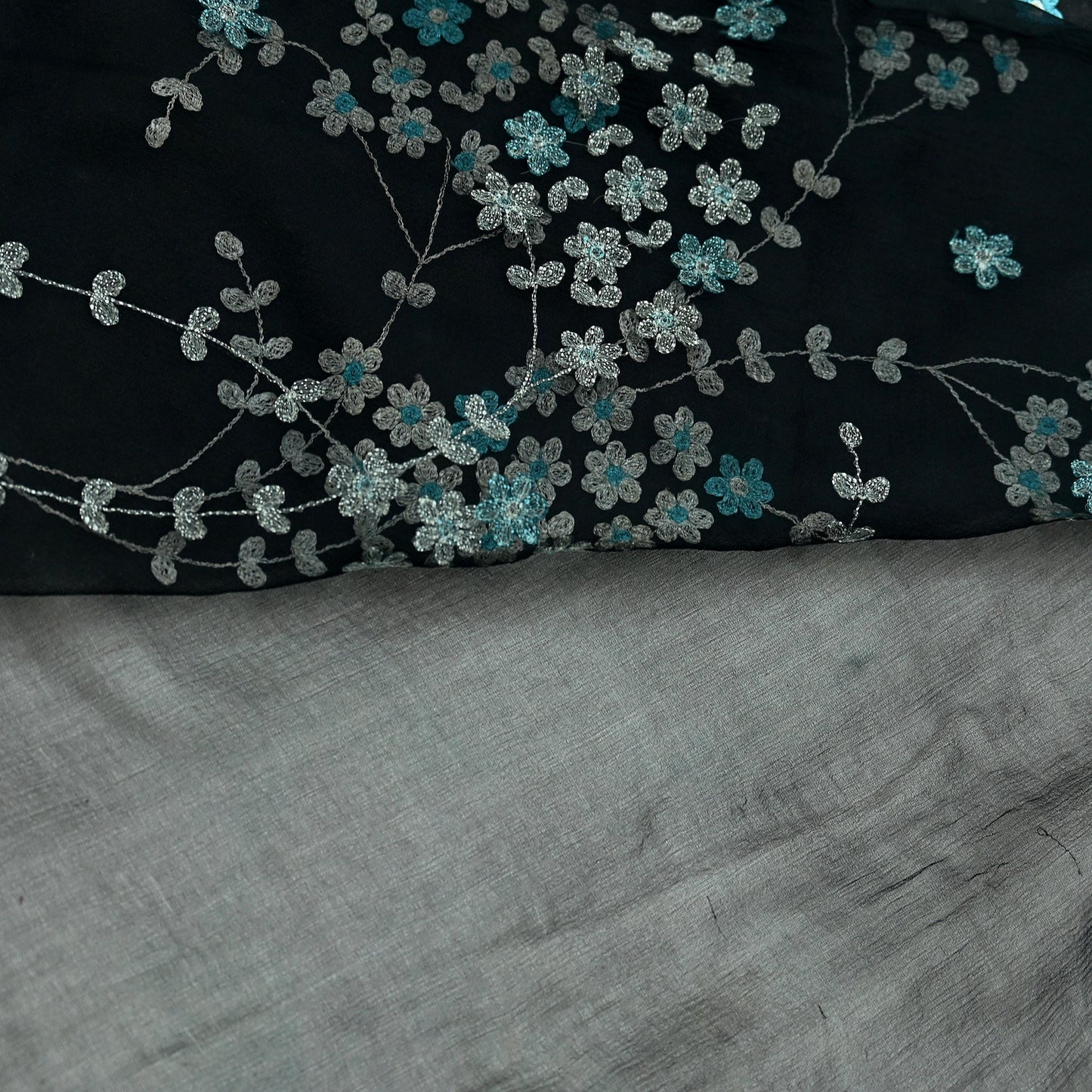 Indian Vintage Sari Black Pure Chiffon Silk Hand Embroidered Sarees Craft Fabric 6Yd Soft Dress Making Sewing Quilting For Crafting