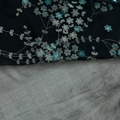 Indian Vintage Sari Black Pure Chiffon Silk Hand Embroidered Sarees Craft Fabric 6Yd Soft Dress Making Sewing Quilting For Crafting