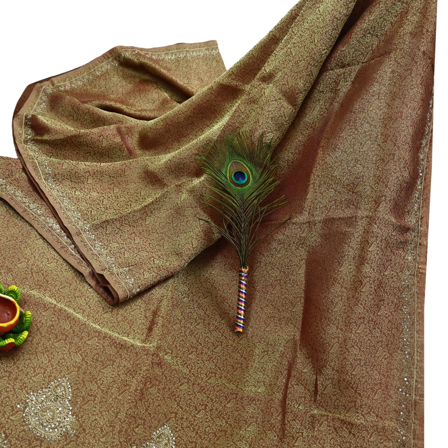 Indian Vintage Sari Golden Tissue Hand Embroidered Sarees Craft Fabric 5Yd Sewing Soft Ethnic Zardozi/Zari Dress making Crafting Upcycle