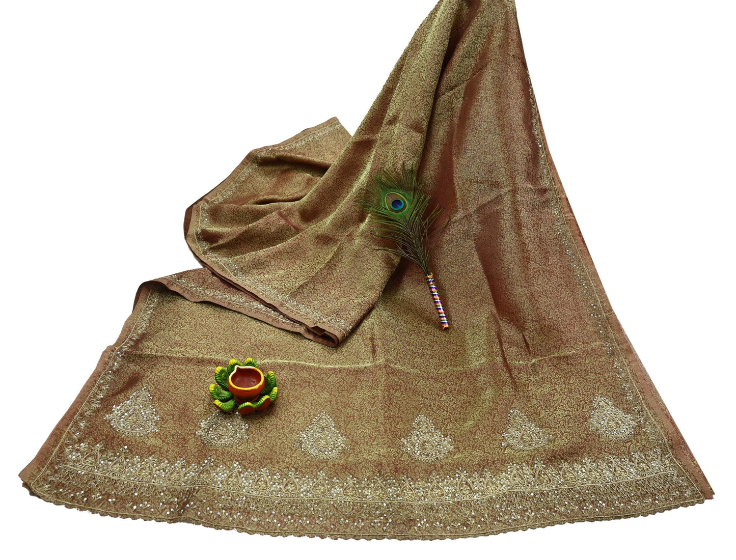 Indian Vintage Sari Golden Tissue Hand Embroidered Sarees Craft Fabric 5Yd Sewing Soft Ethnic Zardozi/Zari Dress making Crafting Upcycle