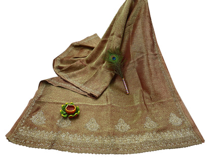 Indian Vintage Sari Golden Tissue Hand Embroidered Sarees Craft Fabric 5Yd Sewing Soft Ethnic Zardozi/Zari Dress making Crafting Upcycle