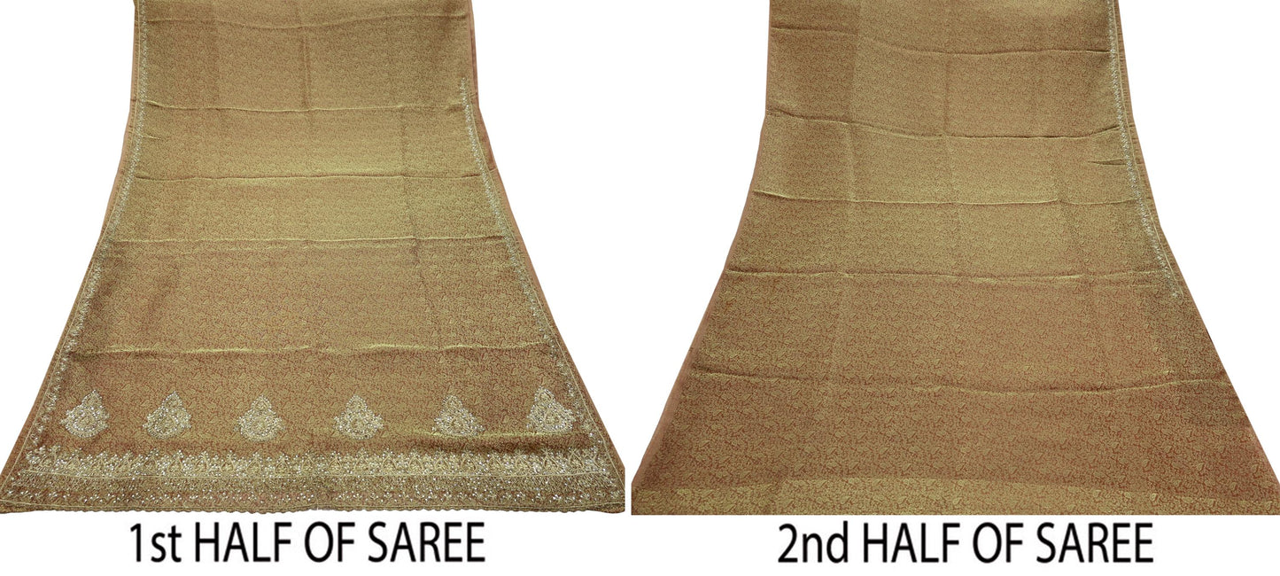 Indian Vintage Sari Golden Tissue Hand Embroidered Sarees Craft Fabric 5Yd Sewing Soft Ethnic Zardozi/Zari Dress making Crafting Upcycle