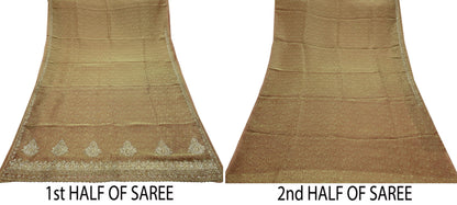Indian Vintage Sari Golden Tissue Hand Embroidered Sarees Craft Fabric 5Yd Sewing Soft Ethnic Zardozi/Zari Dress making Crafting Upcycle