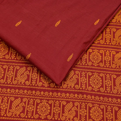 Indian Vintage Sari Maroon & Cream Blend Cotton Hand Woven Baluchari Saree 5yard Ethnic Fringes Peacock
