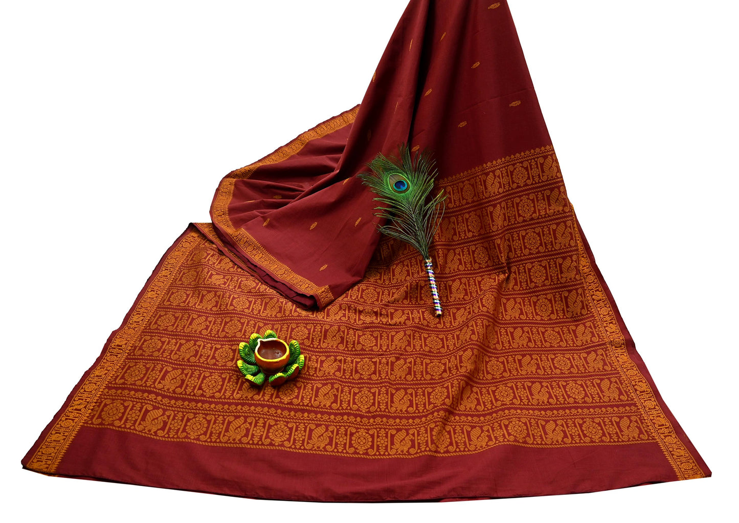 Indian Vintage Sari Maroon & Cream Blend Cotton Hand Woven Baluchari Saree 5yard Ethnic Fringes Peacock
