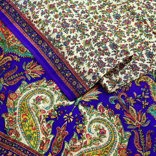 Indian Vintage Ivory & Purple Pure Silk Saree | Floral Printed Fabric | 5 Yards | Craft Silk for Sewing, Quilting, Dressmaking, Upcycling