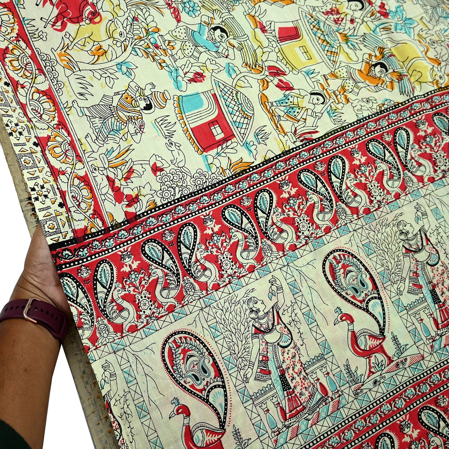 Indian Vintage Sari Ivory Printed Pure Cotton Sarees Fabric 5Yd Sarong Wrap Boho Kimono Soft Dress making Crafting Quilting Peacock
