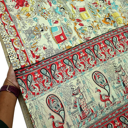 Indian Vintage Sari Ivory Printed Pure Cotton Sarees Fabric 5Yd Sarong Wrap Boho Kimono Soft Dress making Crafting Quilting Peacock