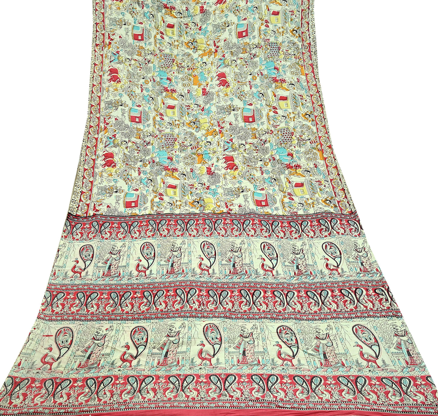 Indian Vintage Sari Ivory Printed Pure Cotton Sarees Fabric 5Yd Sarong Wrap Boho Kimono Soft Dress making Crafting Quilting Peacock