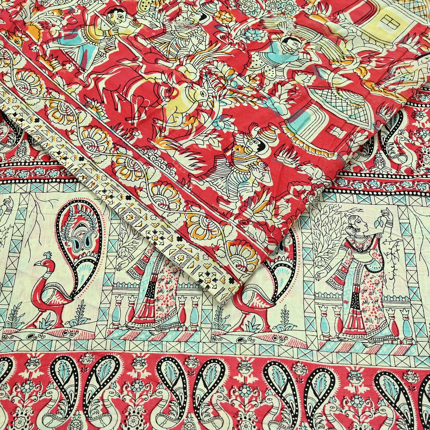 Indian Vintage Sari Ivory Printed Pure Cotton Sarees Fabric 5Yd Sarong Wrap Boho Kimono Soft Dress making Crafting Quilting Peacock