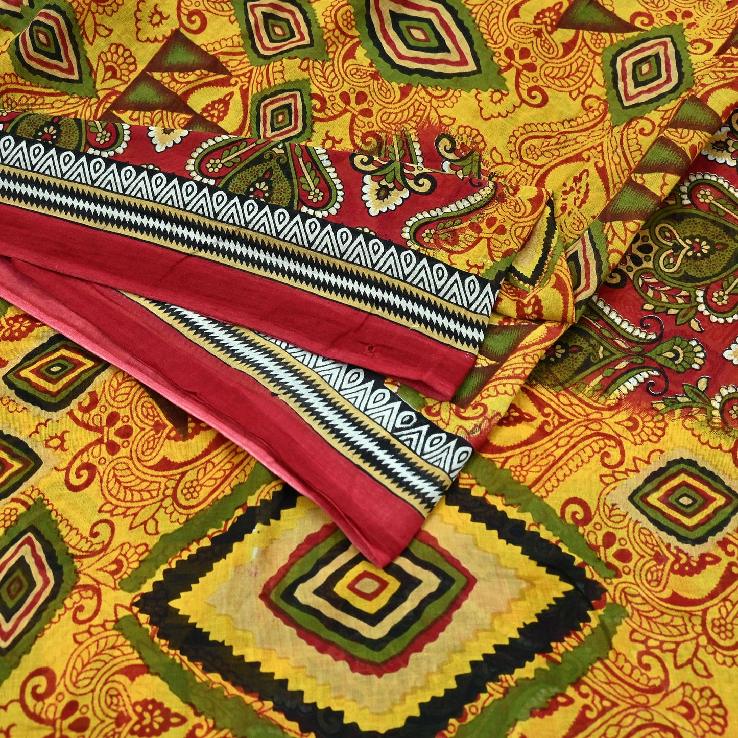 Indian Vintage Sari Yellow Printed Pure Cotton Sarees 5Yd Craft Fabric Soft Sewing Sarong Wrap Boho Upcycle quilting Dress making