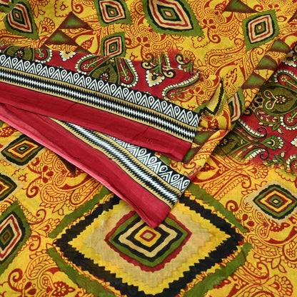Indian Vintage Sari Yellow Printed Pure Cotton Sarees 5Yd Craft Fabric Soft Sewing Sarong Wrap Boho Upcycle quilting Dress making