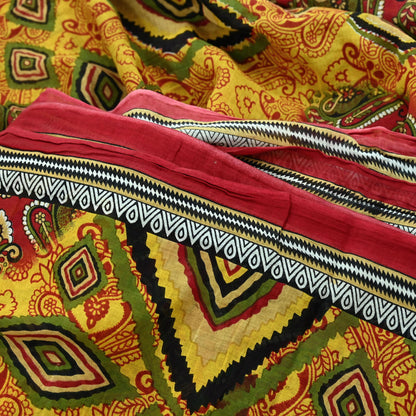 Indian Vintage Sari Yellow Printed Pure Cotton Sarees 5Yd Craft Fabric Soft Sewing Sarong Wrap Boho Upcycle quilting Dress making