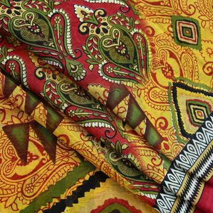 Indian Vintage Sari Yellow Printed Pure Cotton Sarees 5Yd Craft Fabric Soft Sewing Sarong Wrap Boho Upcycle quilting Dress making