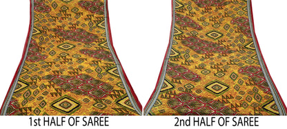 Indian Vintage Sari Yellow Printed Pure Cotton Sarees 5Yd Craft Fabric Soft Sewing Sarong Wrap Boho Upcycle quilting Dress making