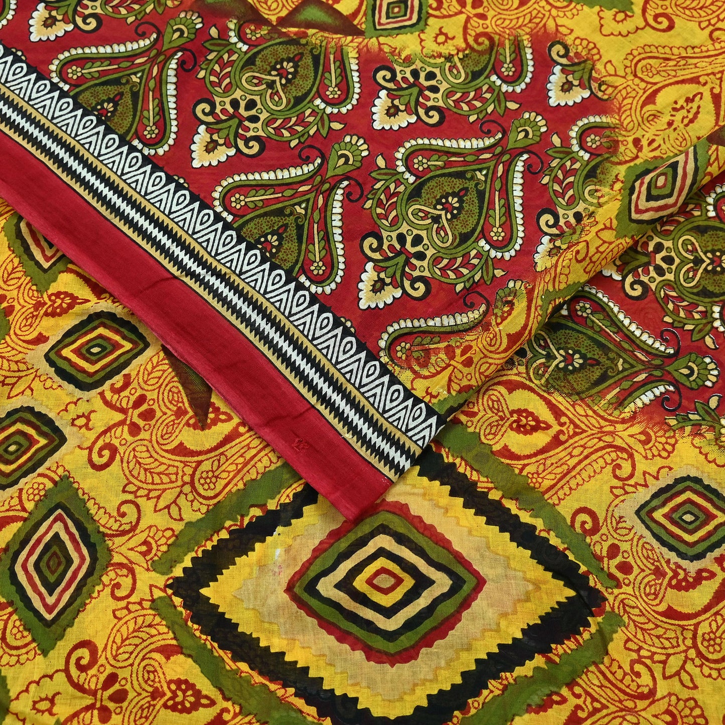 Indian Vintage Sari Yellow Printed Pure Cotton Sarees 5Yd Craft Fabric Soft Sewing Sarong Wrap Boho Upcycle quilting Dress making