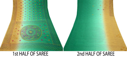 Indian Vintage Sari Green Artificial Silk Hand Embroidered Kantha Sarees Craft Fabric 5yd Sewing Soft Dress Making Crafting Upcycle Quilting