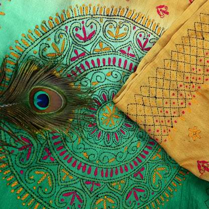 Indian Vintage Sari Green Artificial Silk Hand Embroidered Kantha Sarees Craft Fabric 5yd Sewing Soft Dress Making Crafting Upcycle Quilting