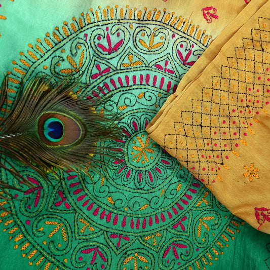 Indian Vintage Sari Green Artificial Silk Hand Embroidered Kantha Sarees Craft Fabric 5yd Sewing Soft Dress Making Crafting Upcycle Quilting