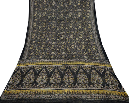 Indian Vintage Black Pure Chiffon Silk Saree | Printed Abstract Design | 5 Yards | Sheer Soft Fabric for Sewing, Dressmaking,
