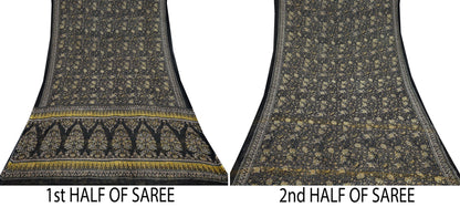 Indian Vintage Black Pure Chiffon Silk Saree | Printed Abstract Design | 5 Yards | Sheer Soft Fabric for Sewing, Dressmaking,