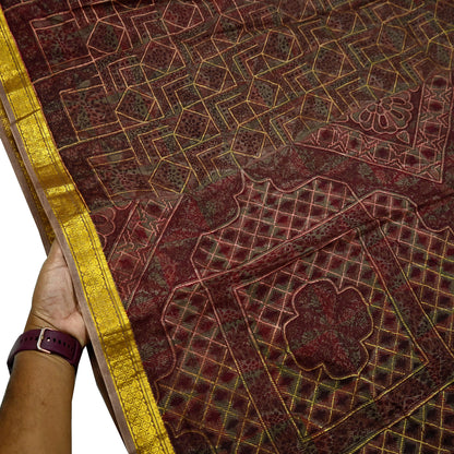 Indian Vintage Sari Brown Pure Silk Printed Saree Craft Fabric 6yard Sewing DressMaking Soft Wrap Abstract Zari Crafting Quilting Upcycle
