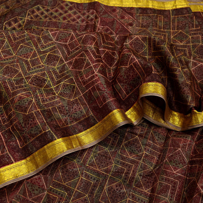 Indian Vintage Sari Brown Pure Silk Printed Saree Craft Fabric 6yard Sewing DressMaking Soft Wrap Abstract Zari Crafting Quilting Upcycle