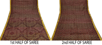 Indian Vintage Sari Brown Pure Silk Printed Saree Craft Fabric 6yard Sewing DressMaking Soft Wrap Abstract Zari Crafting Quilting Upcycle