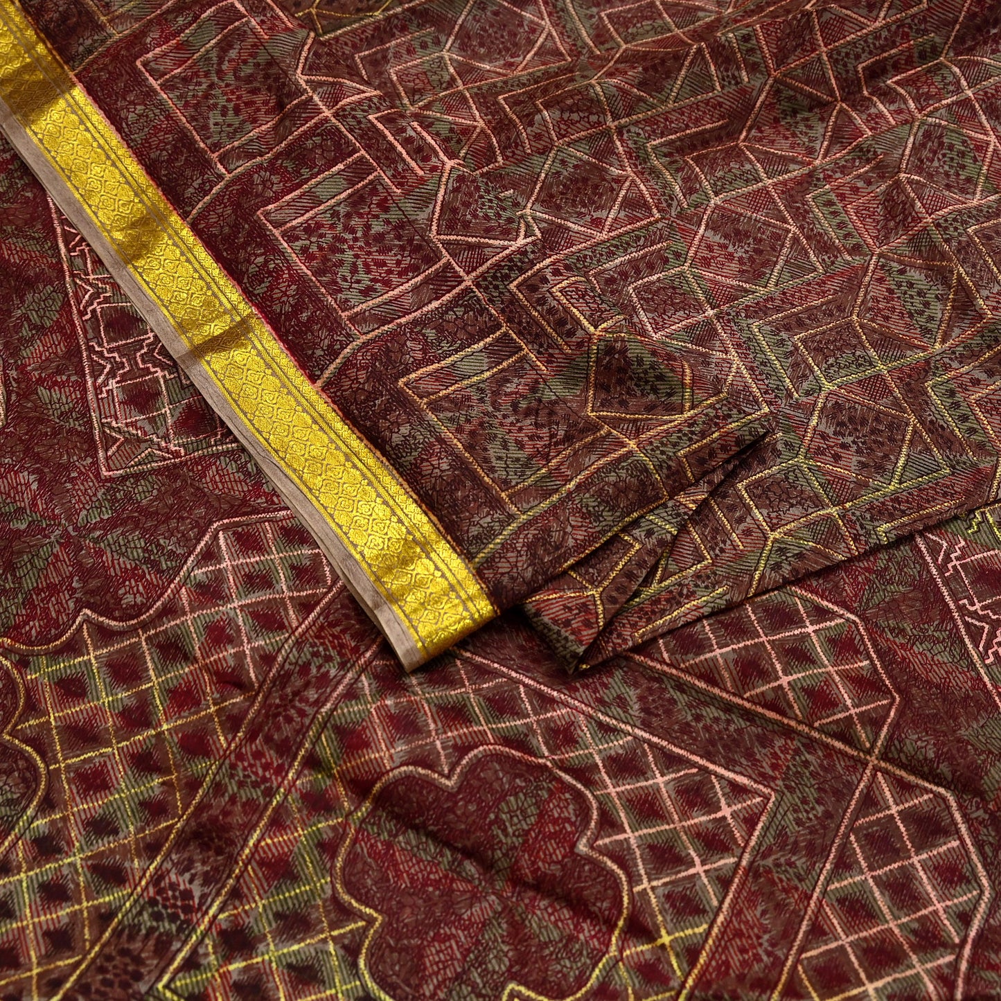 Indian Vintage Sari Brown Pure Silk Printed Saree Craft Fabric 6yard Sewing DressMaking Soft Wrap Abstract Zari Crafting Quilting Upcycle
