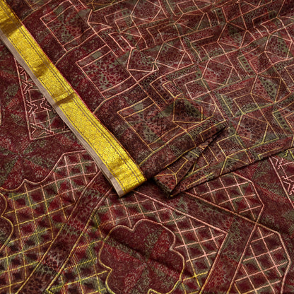 Indian Vintage Sari Brown Pure Silk Printed Saree Craft Fabric 6yard Sewing DressMaking Soft Wrap Abstract Zari Crafting Quilting Upcycle