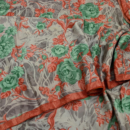 Vintage Sari Brown 100% Pure Silk Printed Saree Fabric 5yard Sewing Floral Soft Dress Designing for Crafting ,Paisley