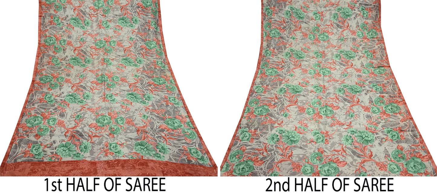 Vintage Sari Brown 100% Pure Silk Printed Saree Fabric 5yard Sewing Floral Soft Dress Designing for Crafting ,Paisley