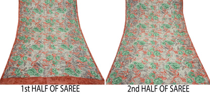 Vintage Sari Brown 100% Pure Silk Printed Saree Fabric 5yard Sewing Floral Soft Dress Designing for Crafting ,Paisley