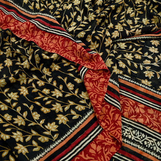 Indian Vintage Sari Black 100% Pure Georgette Silk Block Printed Sarees Sewing 5yd Craft Soft Dress Designing for Crafting Floral