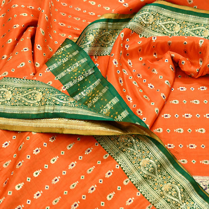 Indian Vintage Sari Orange Heavy Pure Satin Silk Woven Banarasi Brocade Saree Zari 5Yd Ethnic Dress making Crafting Bollywood