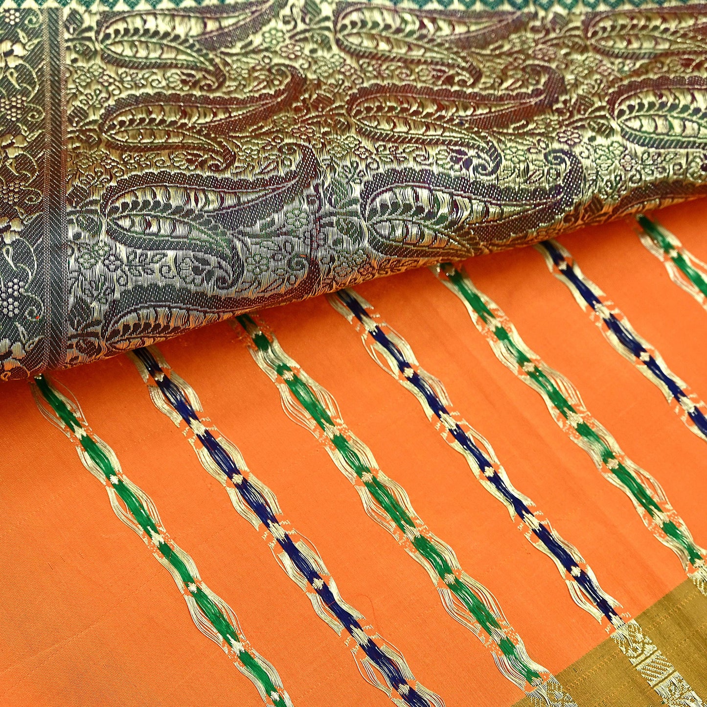 Indian Vintage Sari Orange Heavy Pure Satin Silk Woven Banarasi Brocade Saree Zari 5Yd Ethnic Dress making Crafting Bollywood