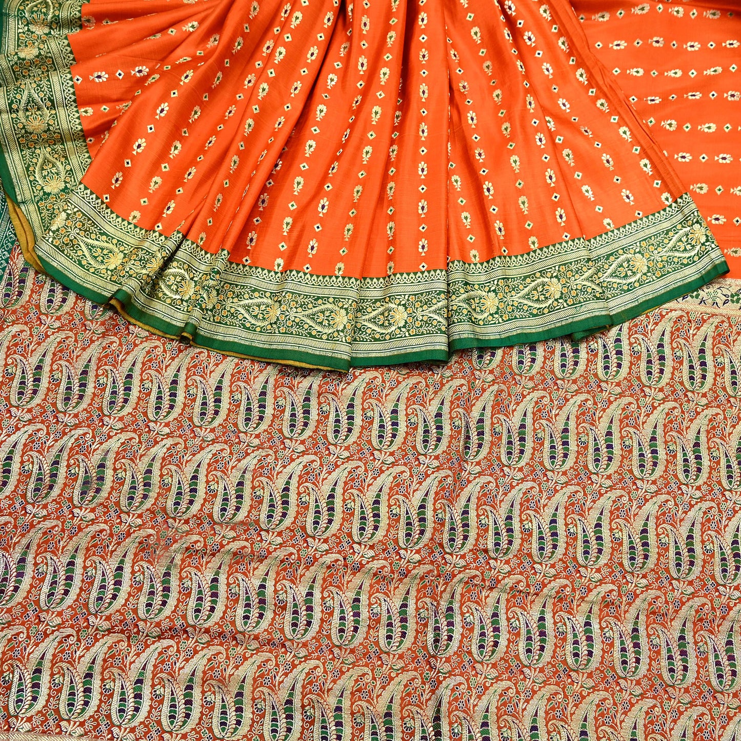 Indian Vintage Sari Orange Heavy Pure Satin Silk Woven Banarasi Brocade Saree Zari 5Yd Ethnic Dress making Crafting Bollywood