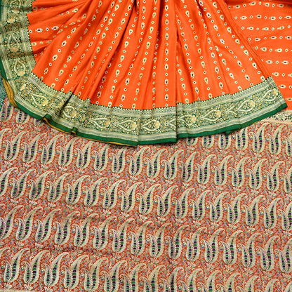 Indian Vintage Sari Orange Heavy Pure Satin Silk Woven Banarasi Brocade Saree Zari 5Yd Ethnic Dress making Crafting Bollywood