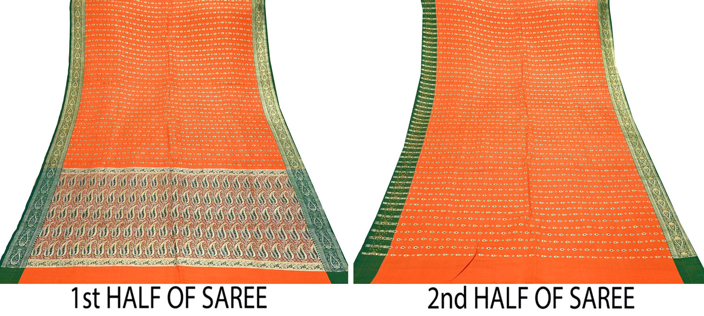 Indian Vintage Sari Orange Heavy Pure Satin Silk Woven Banarasi Brocade Saree Zari 5Yd Ethnic Dress making Crafting Bollywood