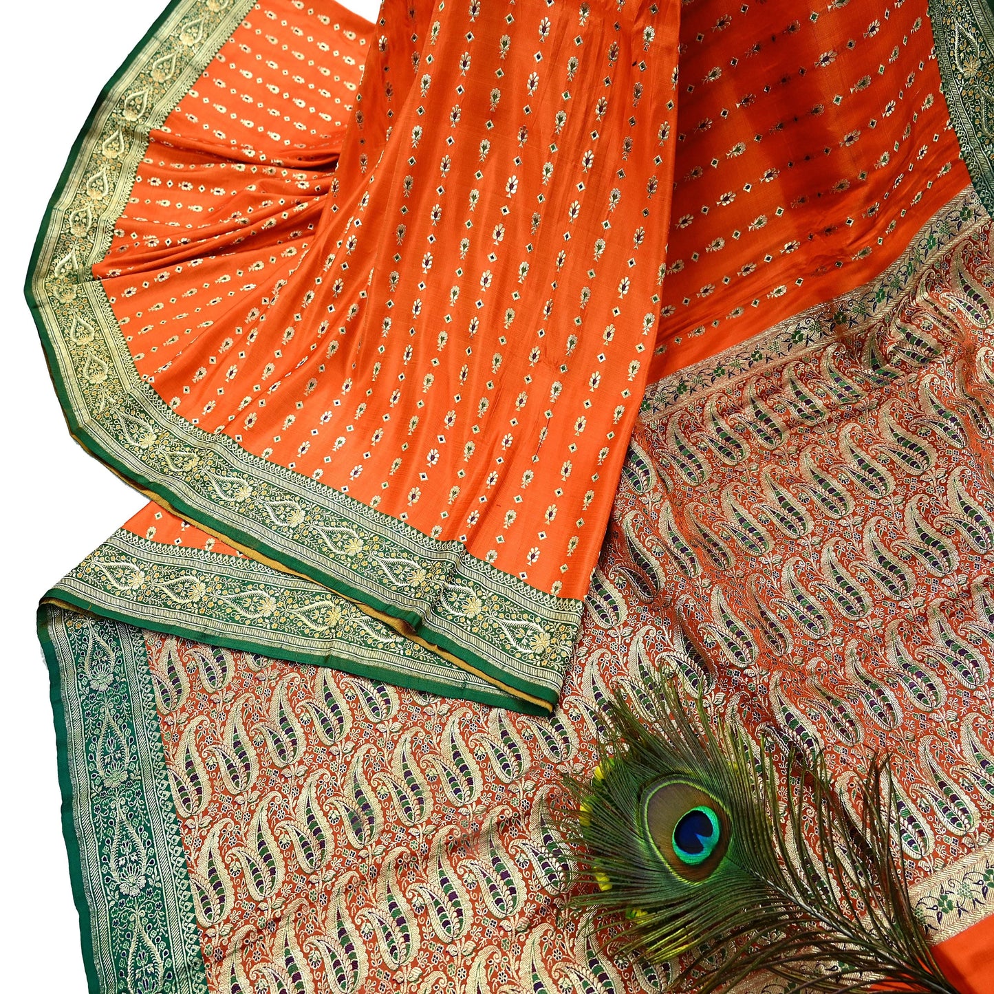 Indian Vintage Sari Orange Heavy Pure Satin Silk Woven Banarasi Brocade Saree Zari 5Yd Ethnic Dress making Crafting Bollywood