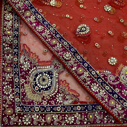 Indian Vintage Heavy Bridal Red Dupatta Net Mesh Long Stole Hand Embroidered Scarves Golden Zardozi Dabka Zari Sequins Wedding Veil Hijab