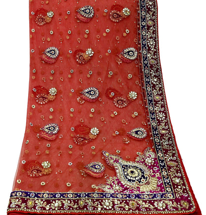Indian Vintage Heavy Bridal Red Dupatta Net Mesh Long Stole Hand Embroidered Scarves Golden Zardozi Dabka Zari Sequins Wedding Veil Hijab