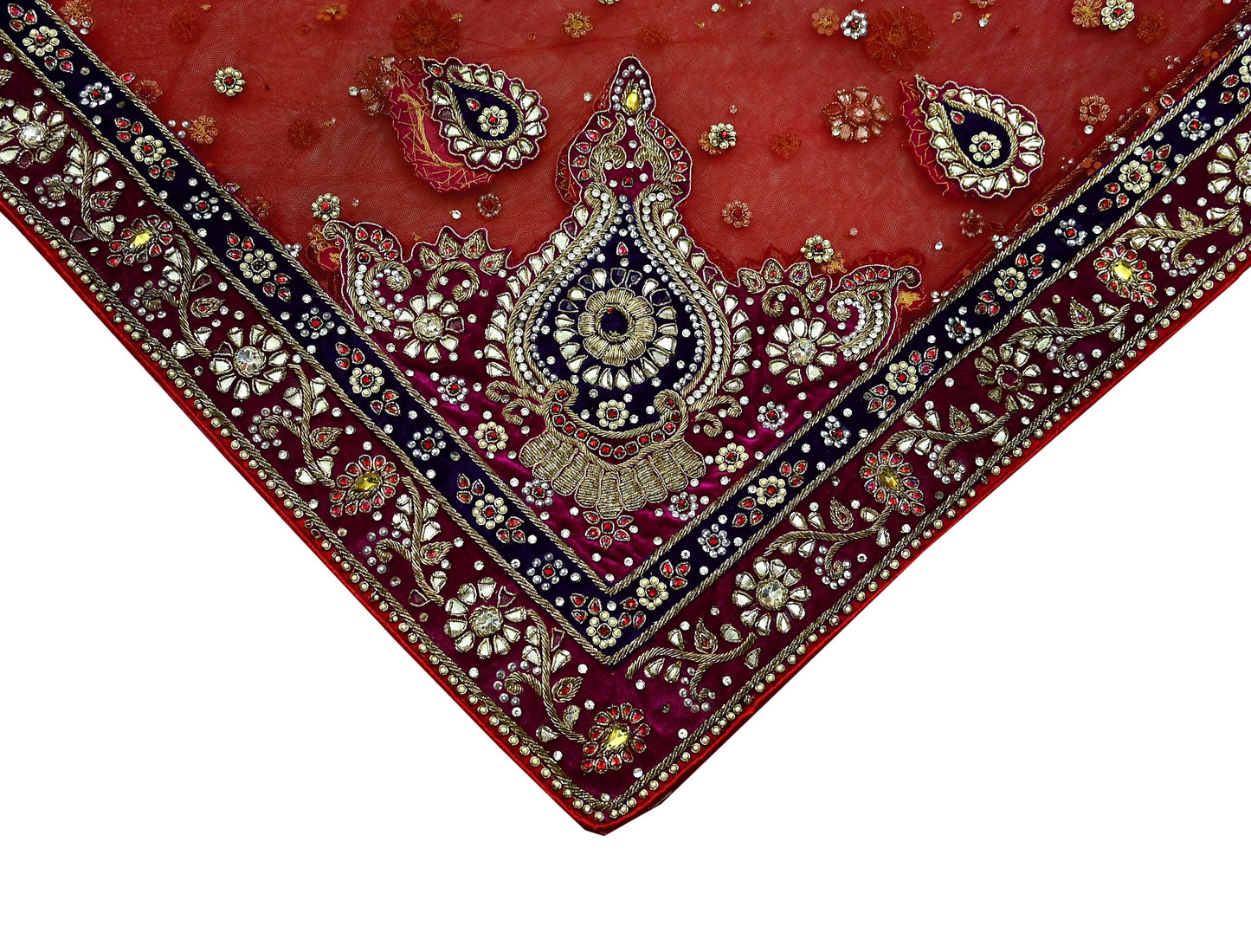Indian Vintage Heavy Bridal Red Dupatta Net Mesh Long Stole Hand Embroidered Scarves Golden Zardozi Dabka Zari Sequins Wedding Veil Hijab