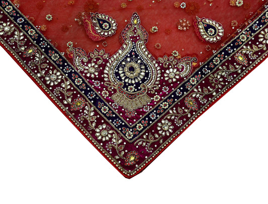 Indian Vintage Heavy Bridal Red Dupatta Net Mesh Long Stole Hand Embroidered Scarves Golden Zardozi Dabka Zari Sequins Wedding Veil Hijab