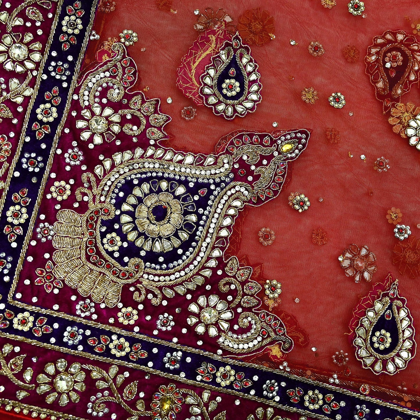 Indian Vintage Heavy Bridal Red Dupatta Net Mesh Long Stole Hand Embroidered Scarves Golden Zardozi Dabka Zari Sequins Wedding Veil Hijab