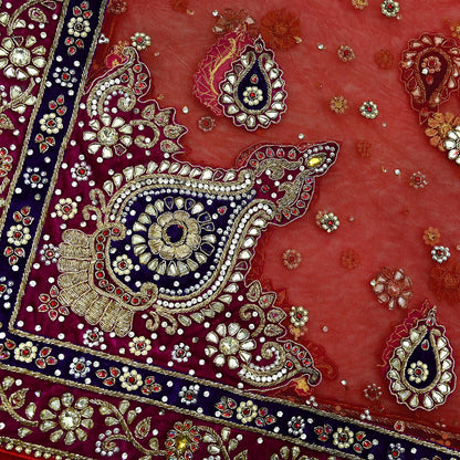 Indian Vintage Heavy Bridal Red Dupatta Net Mesh Long Stole Hand Embroidered Scarves Golden Zardozi Dabka Zari Sequins Wedding Veil Hijab