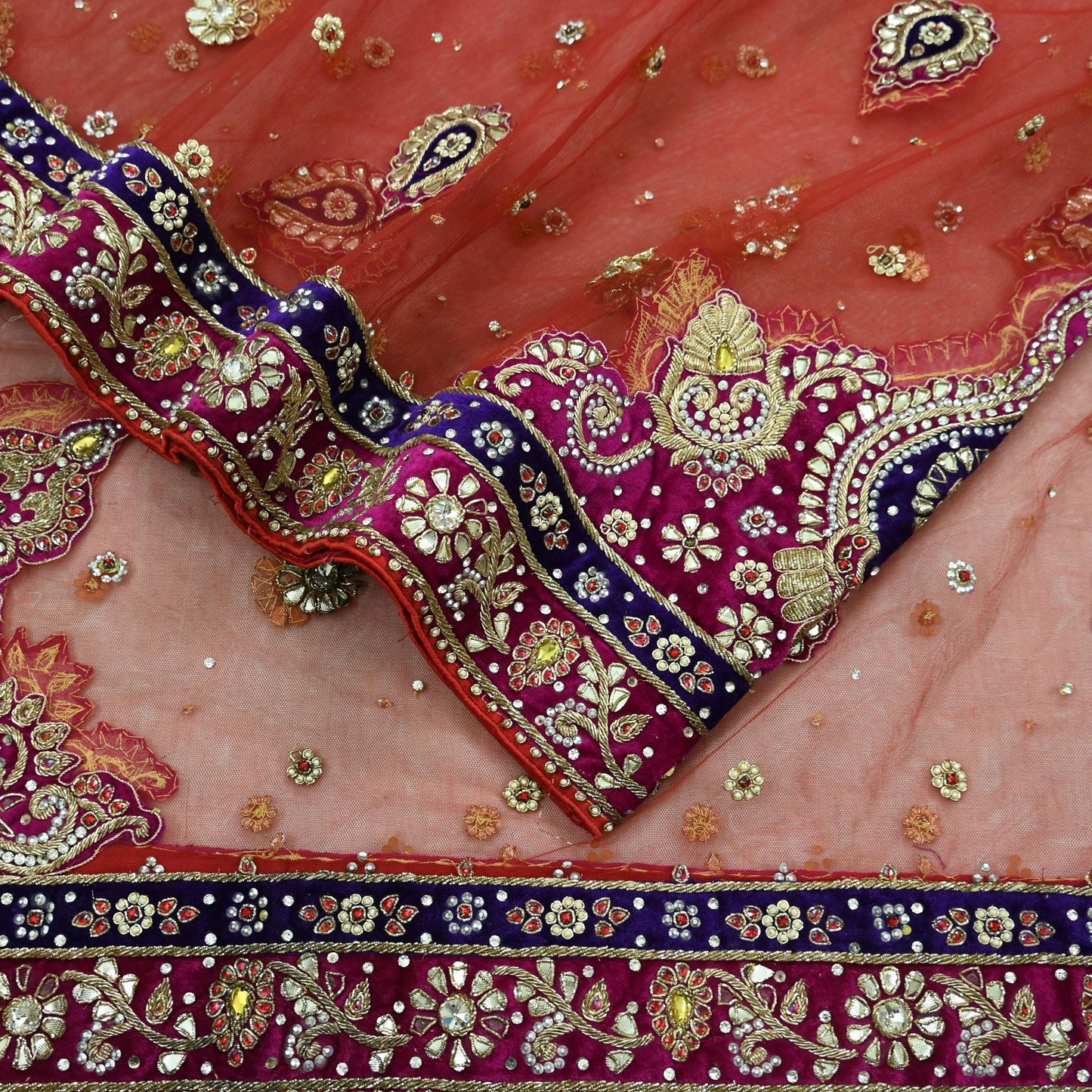 Indian Vintage Heavy Bridal Red Dupatta Net Mesh Long Stole Hand Embroidered Scarves Golden Zardozi Dabka Zari Sequins Wedding Veil Hijab