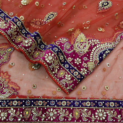 Indian Vintage Heavy Bridal Red Dupatta Net Mesh Long Stole Hand Embroidered Scarves Golden Zardozi Dabka Zari Sequins Wedding Veil Hijab
