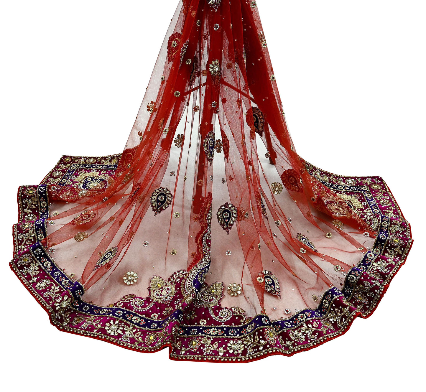 Indian Vintage Heavy Bridal Red Dupatta Net Mesh Long Stole Hand Embroidered Scarves Golden Zardozi Dabka Zari Sequins Wedding Veil Hijab