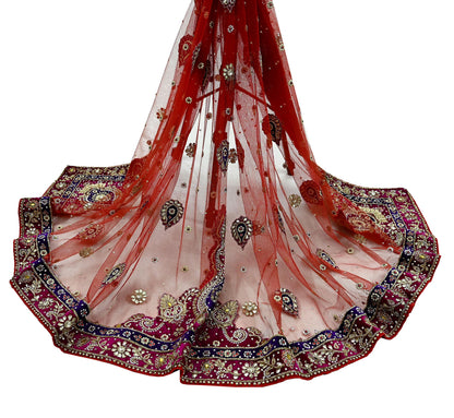 Indian Vintage Heavy Bridal Red Dupatta Net Mesh Long Stole Hand Embroidered Scarves Golden Zardozi Dabka Zari Sequins Wedding Veil Hijab
